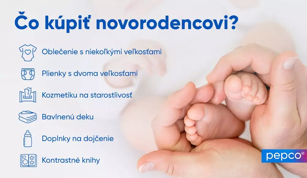 Detské nožičky v dlaniach s textom "Čo kúpiť novorodencovi?" a zoznamom odporúčaných produktov od Pepco.