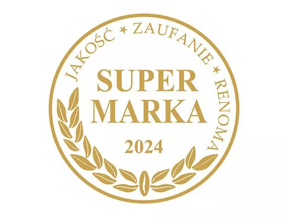 Złote logo nagrody Super Marka 2024 dla Pepco z napisami Jakość, Zaufanie i Renoma oraz dekoracyjnym wieńcem laurowym.