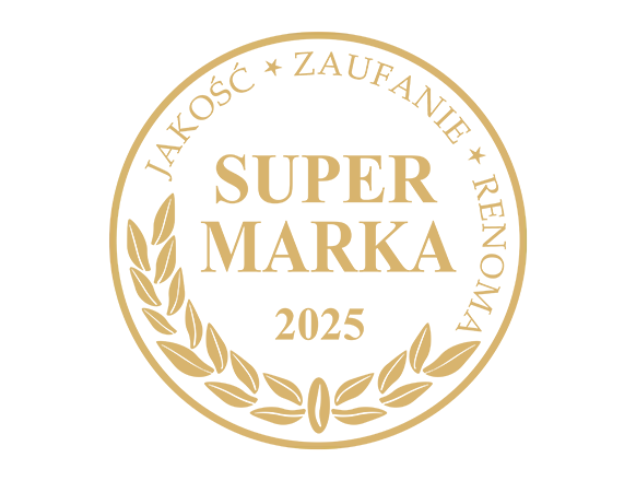 Pepco gold award badge showing Super Marka 2025 with laurel wreath and words Jakość, Zaufanie, Renoma.