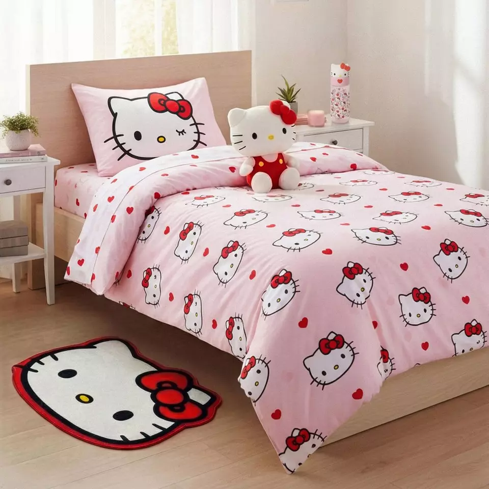 Pepco Hello Kitty collection featuring plush cushion, pink blanket, red backpack, drinking bottles and cosmetic bag against red background.