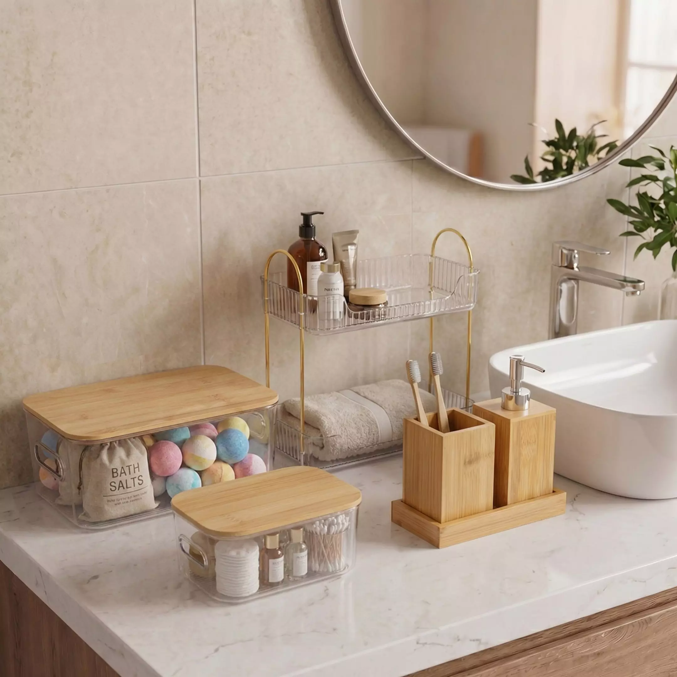 Organizér do koupelny s bambusovými víky a držákem na zubní kartáčky na bílé mramorové desce.