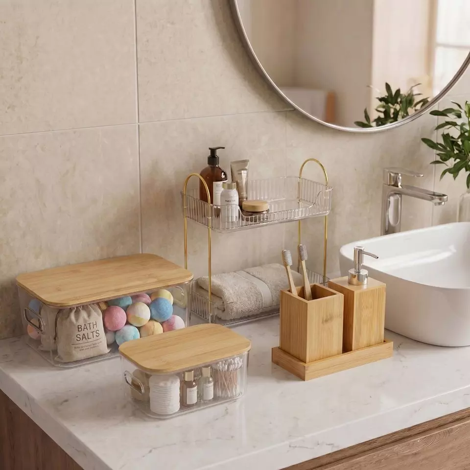 Organizér do koupelny s bambusovými víky a držákem na zubní kartáčky na bílé mramorové desce.