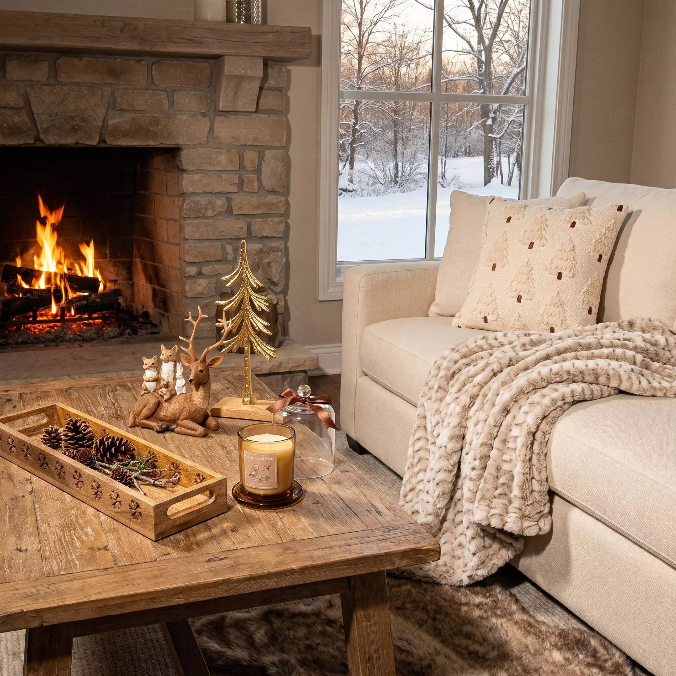 Pepco cosy living room with lit fireplace, cream sofa with festive cushions, chunky throw and Christmas decorations.
