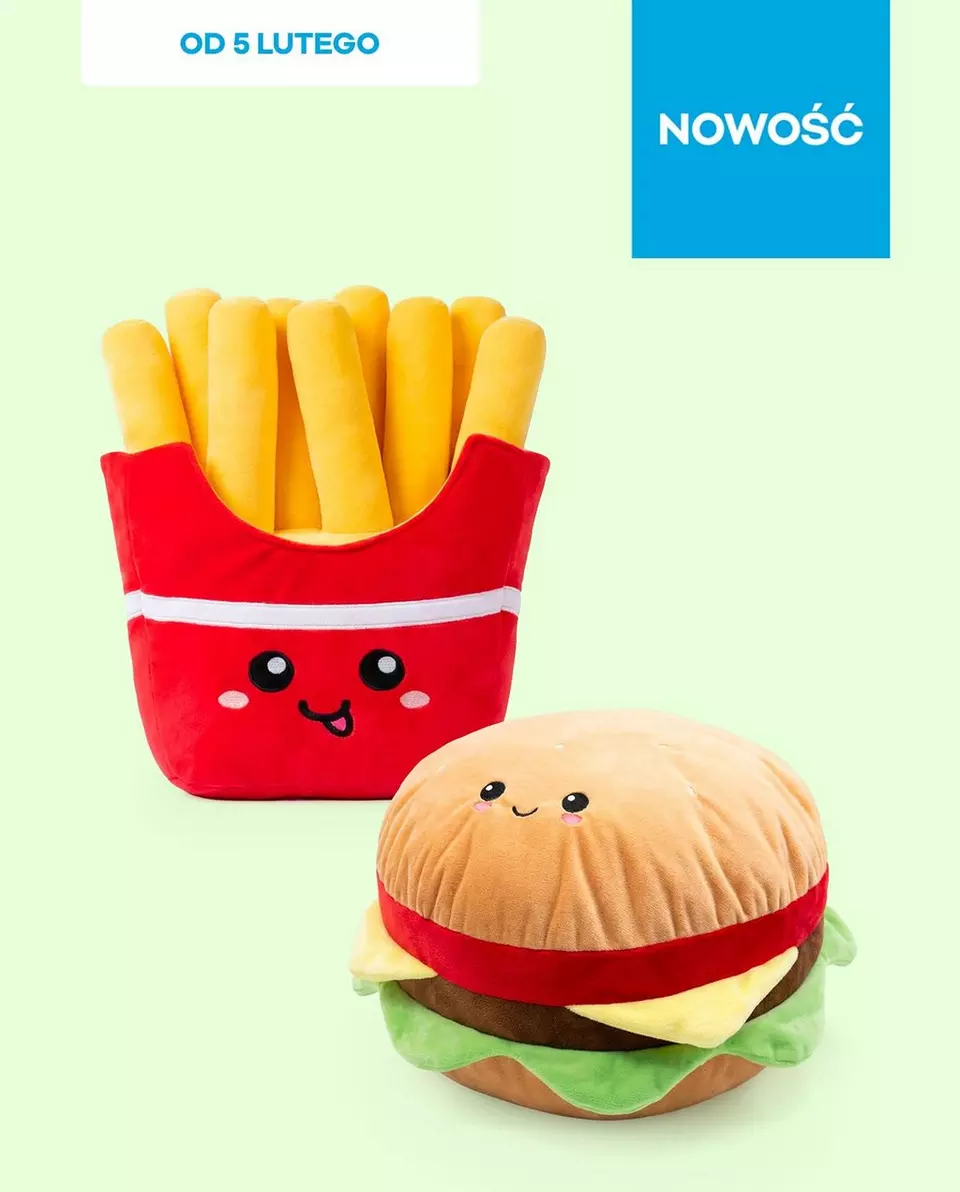 Pluszowe maskotki w kształcie frytek w czerwonym pudełku i hamburgera z uroczymi twarzami. Nowy produkt dostępny od 5 lutego.