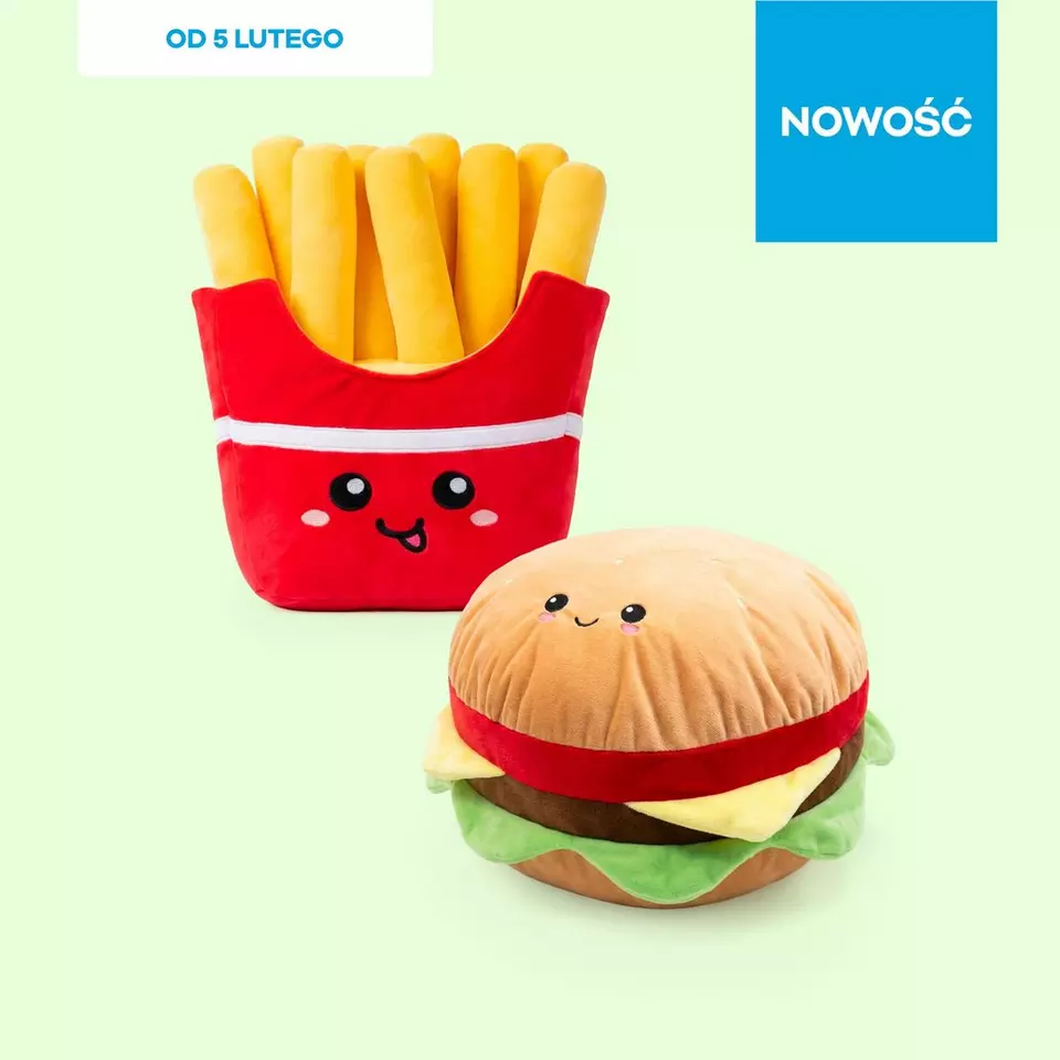Pluszowe maskotki w kształcie frytek i hamburgera z uroczymi buźkami. Nowy produkt dostępny od 5 lutego.