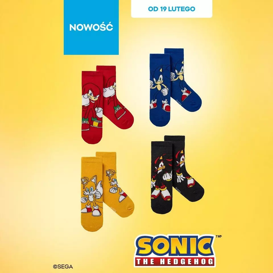 Cztery pary skarpetek z postaciami z gry Sonic the Hedgehog: czerwone, niebieskie, żółte i czarne. Nowość dostępna od 19 lutego.