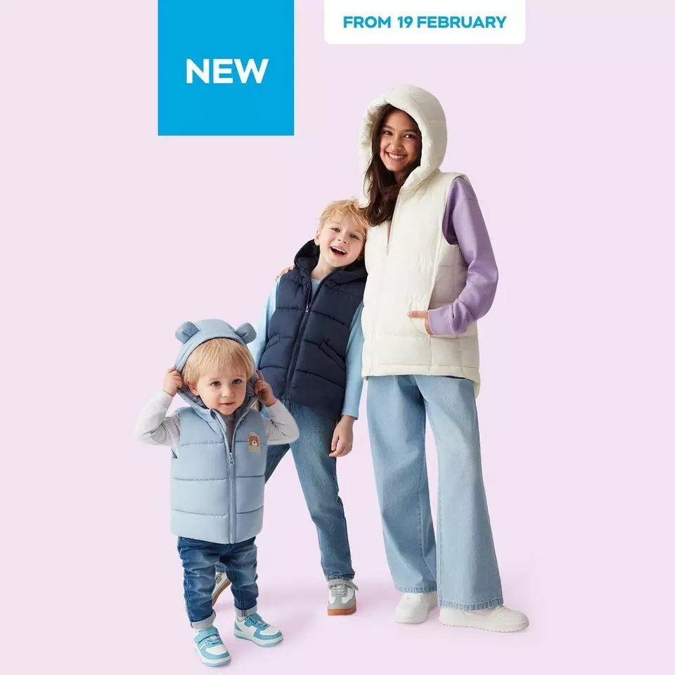 Three people wearing winter vests - woman in white hooded vest, child in navy vest, and toddler in blue bear-eared vest. From 19 February.