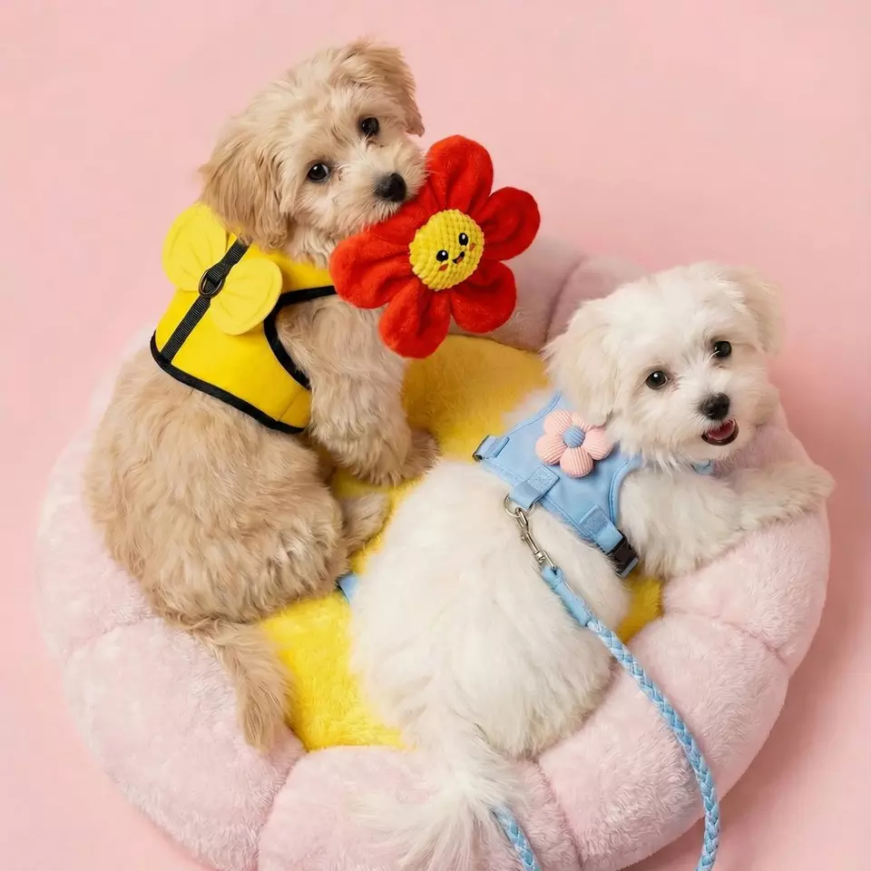 Two puppies wearing harnesses, one holding a red flower toy, sitting on a pink cushion.