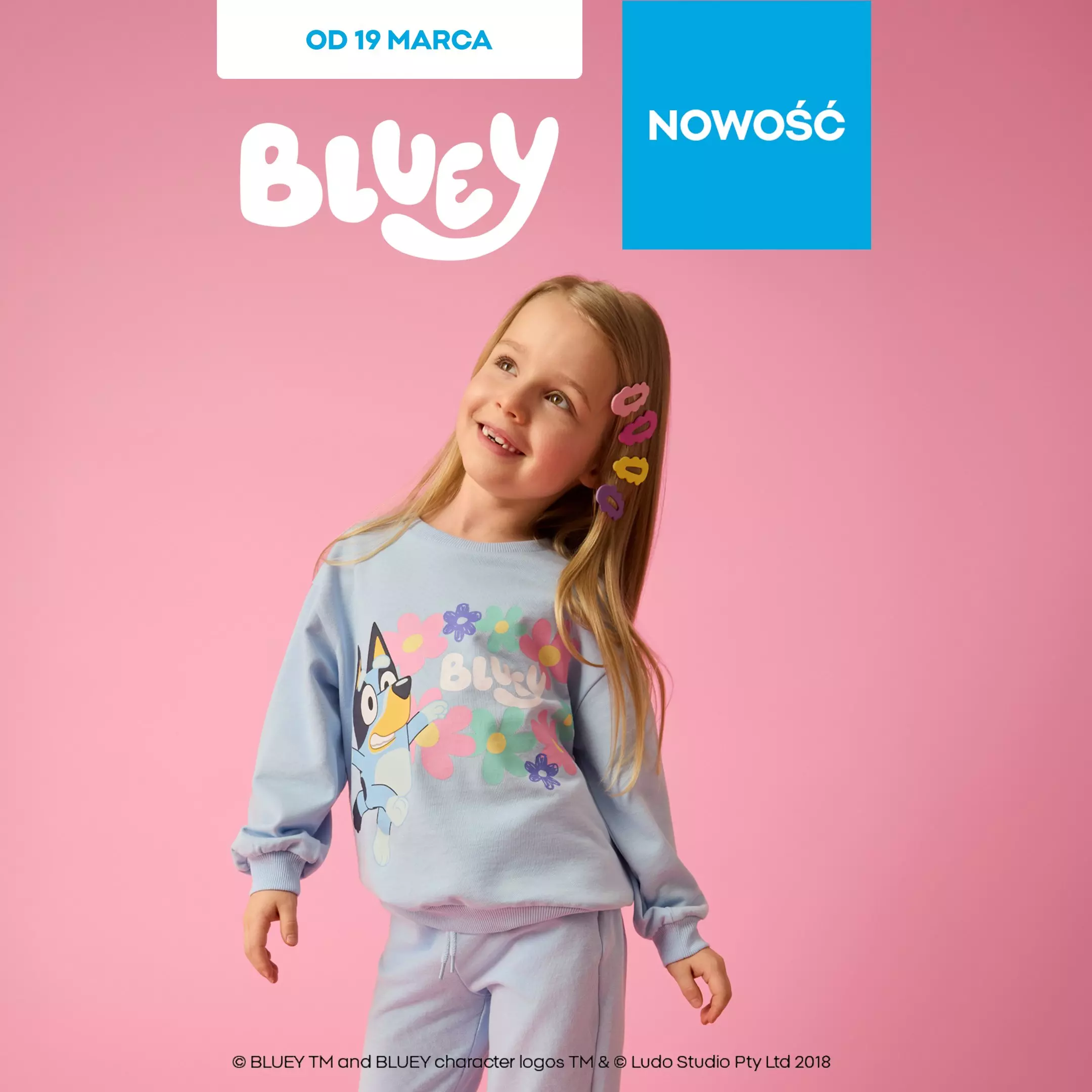 Dziewczynka w niebieskiej bluzie Bluey z kolorowymi kwiatami i kolorowymi spinkami we włosach.