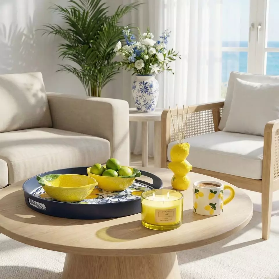 Lemon-themed home decor set on a coffee table featuring bowls, a tray, a candle, and a mug with lemon print.