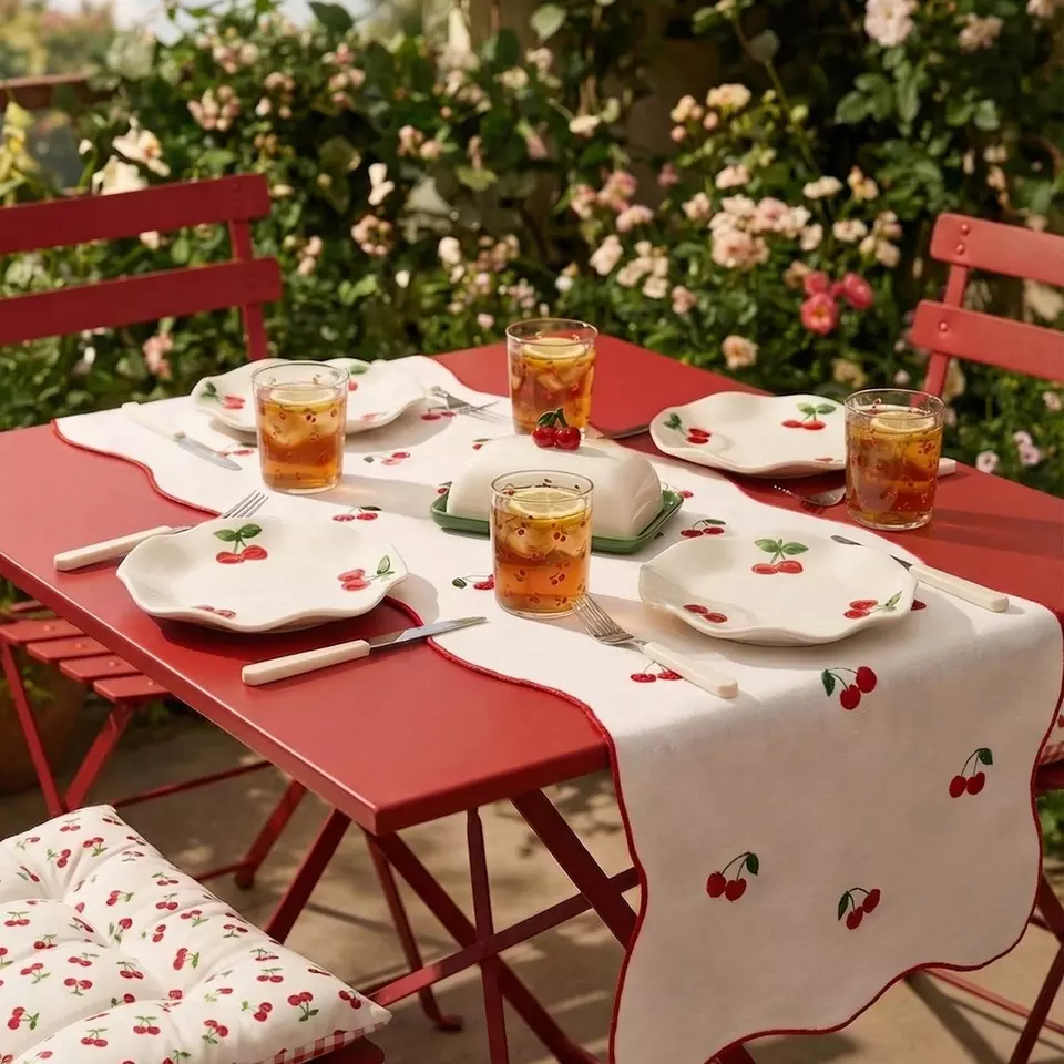 Czerwony stół ogrodowy nakryty obrusem i talerzami w wiśnie, ze szklankami herbaty mrożonej i kwiatami w tle.