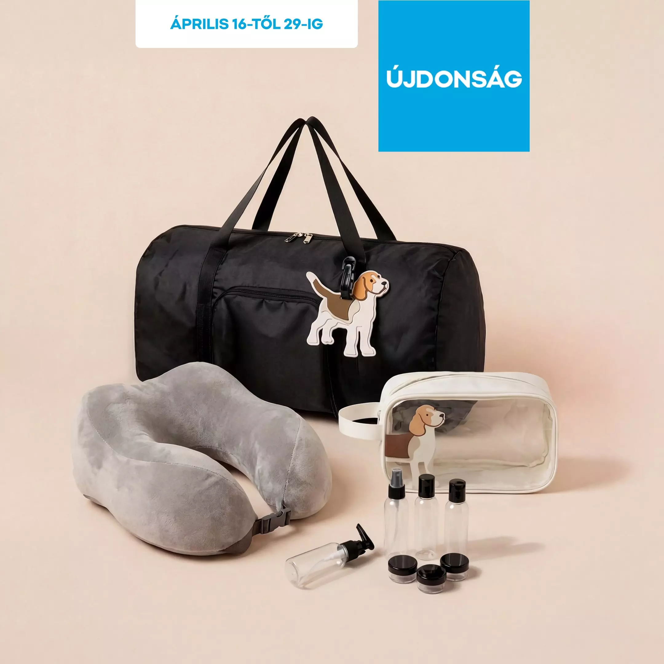 Fekete utazótáska beagle mintával, szürke nyakpárna, átlátszó neszeszer és utazó flakonok.