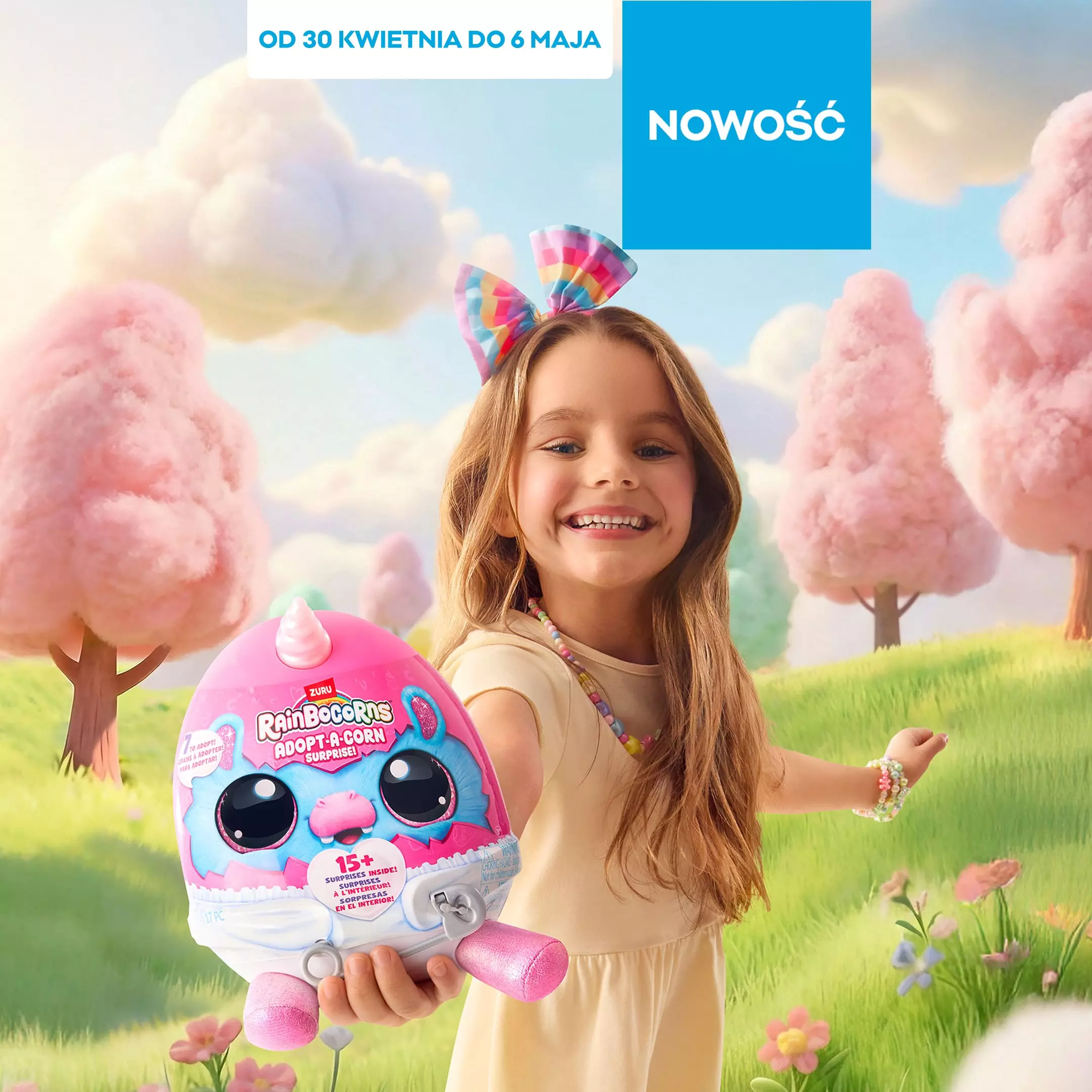 Uśmiechnięta dziewczynka w opaskach z motylkiem trzyma różowe opakowanie zabawki Rainbocorns.