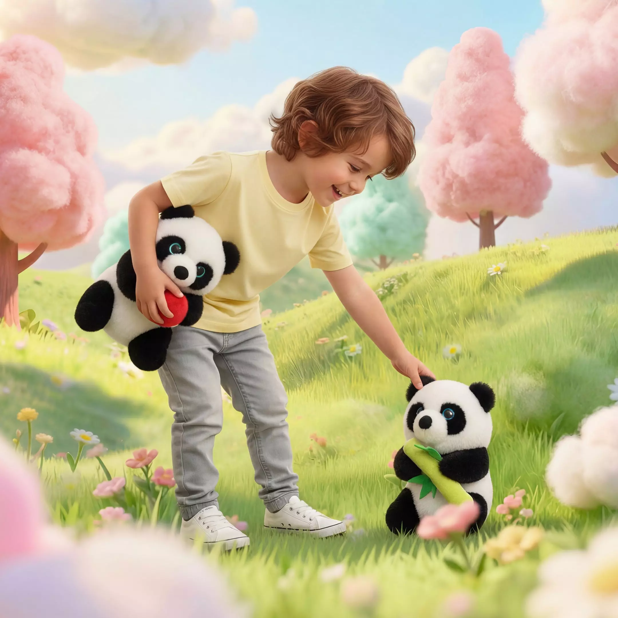 Child playing with two panda soft toys in a whimsical outdoor setting with colourful trees.