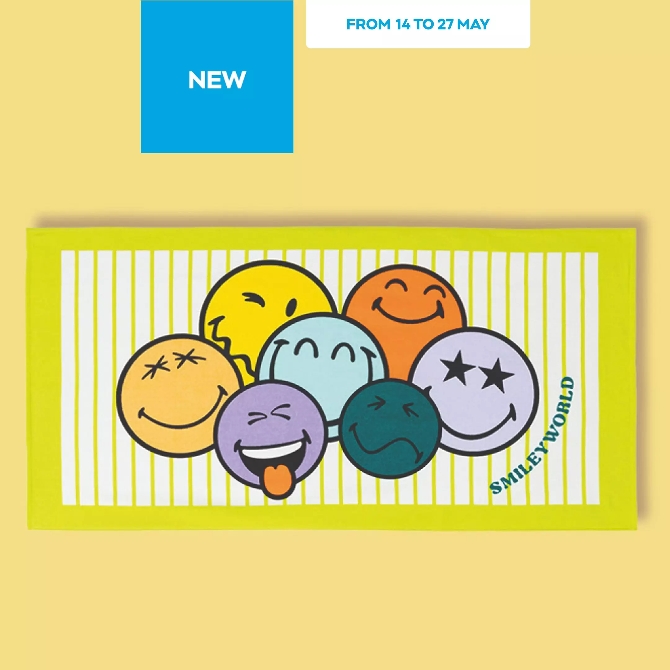 Yellow beach towel featuring SMILEYWORLD emoji faces with various expressions on white striped design.