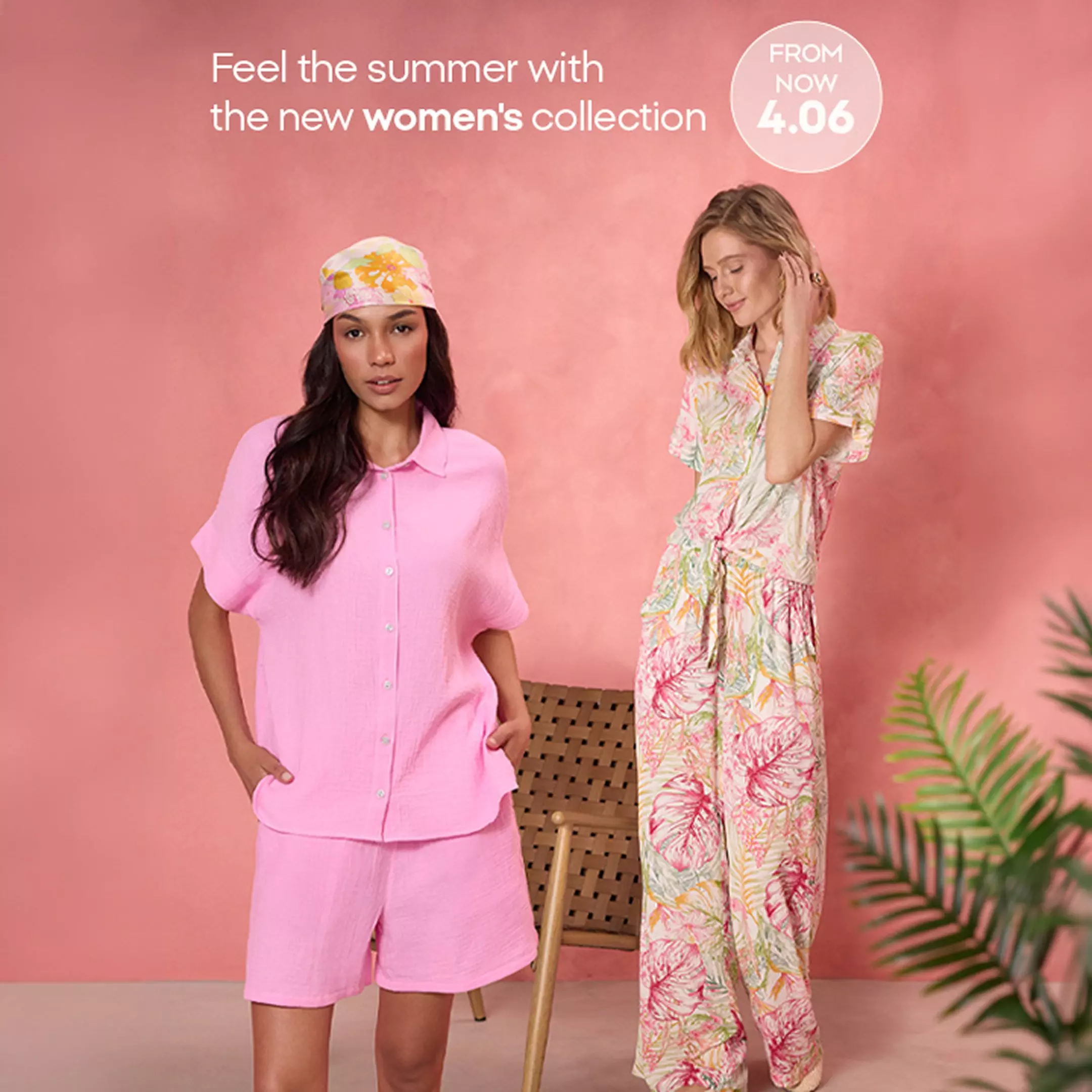 Two women modelling Pepco summer outfits, one in pink co-ord set with bucket hat, one in floral jumpsuit.