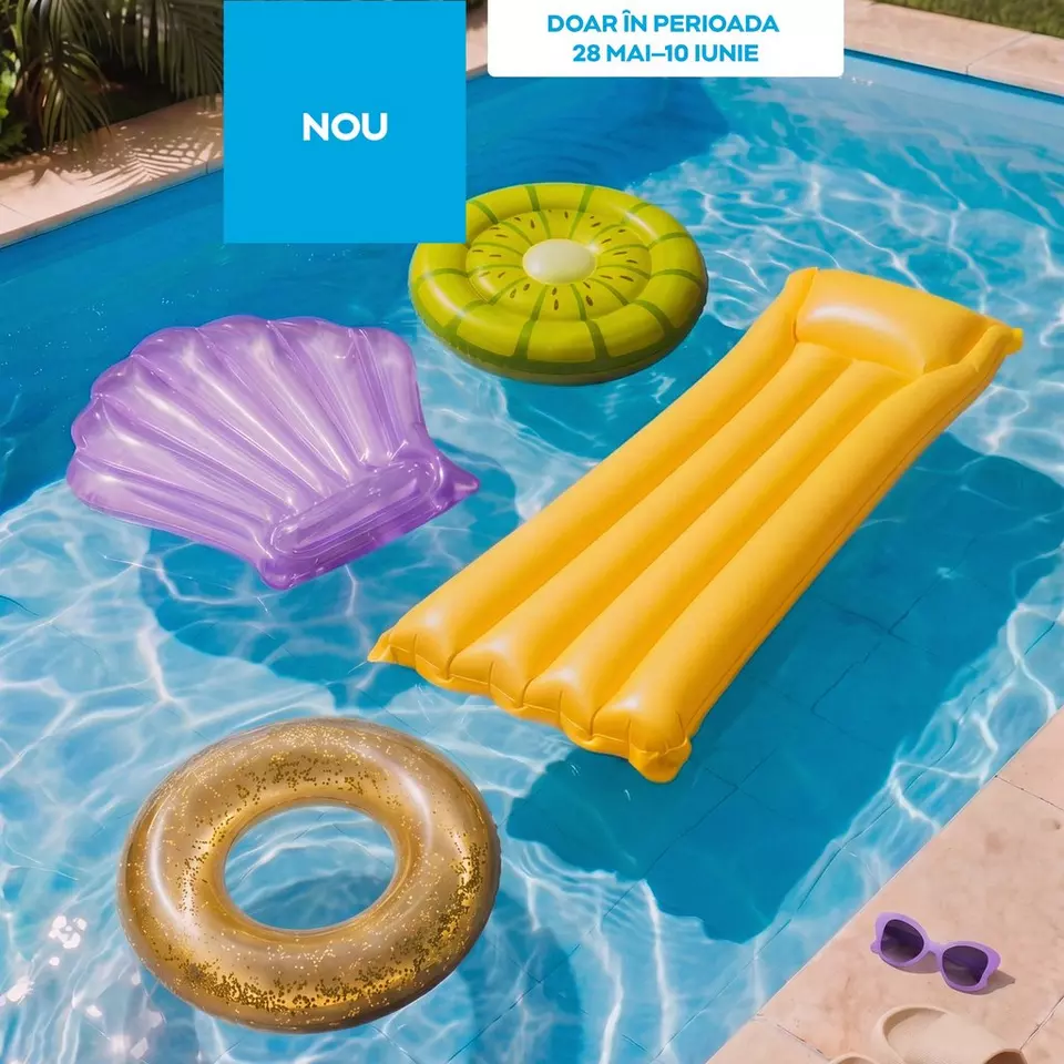Pepco colecție de saltele și colace gonflabile colorate plutind într-o piscină.
