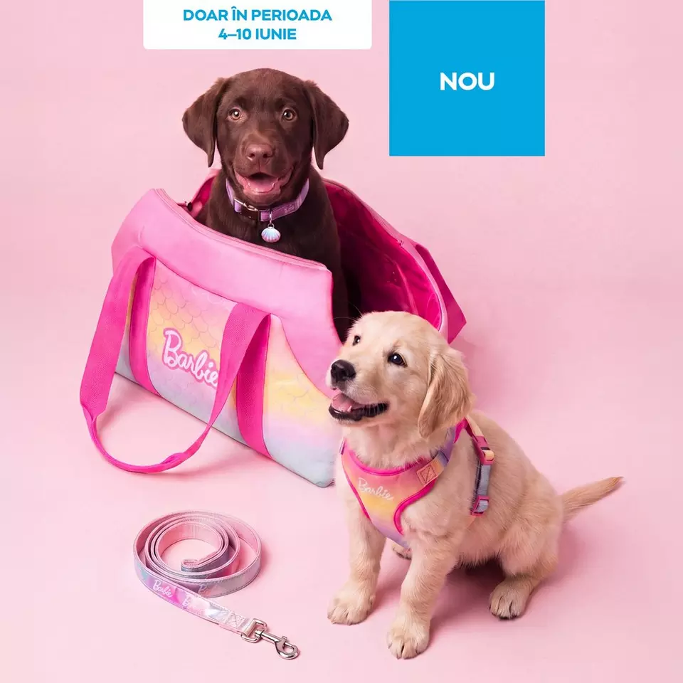 Pepco colecție Barbie pentru animale de companie cu doi câini, geantă de transport roz și accesorii.