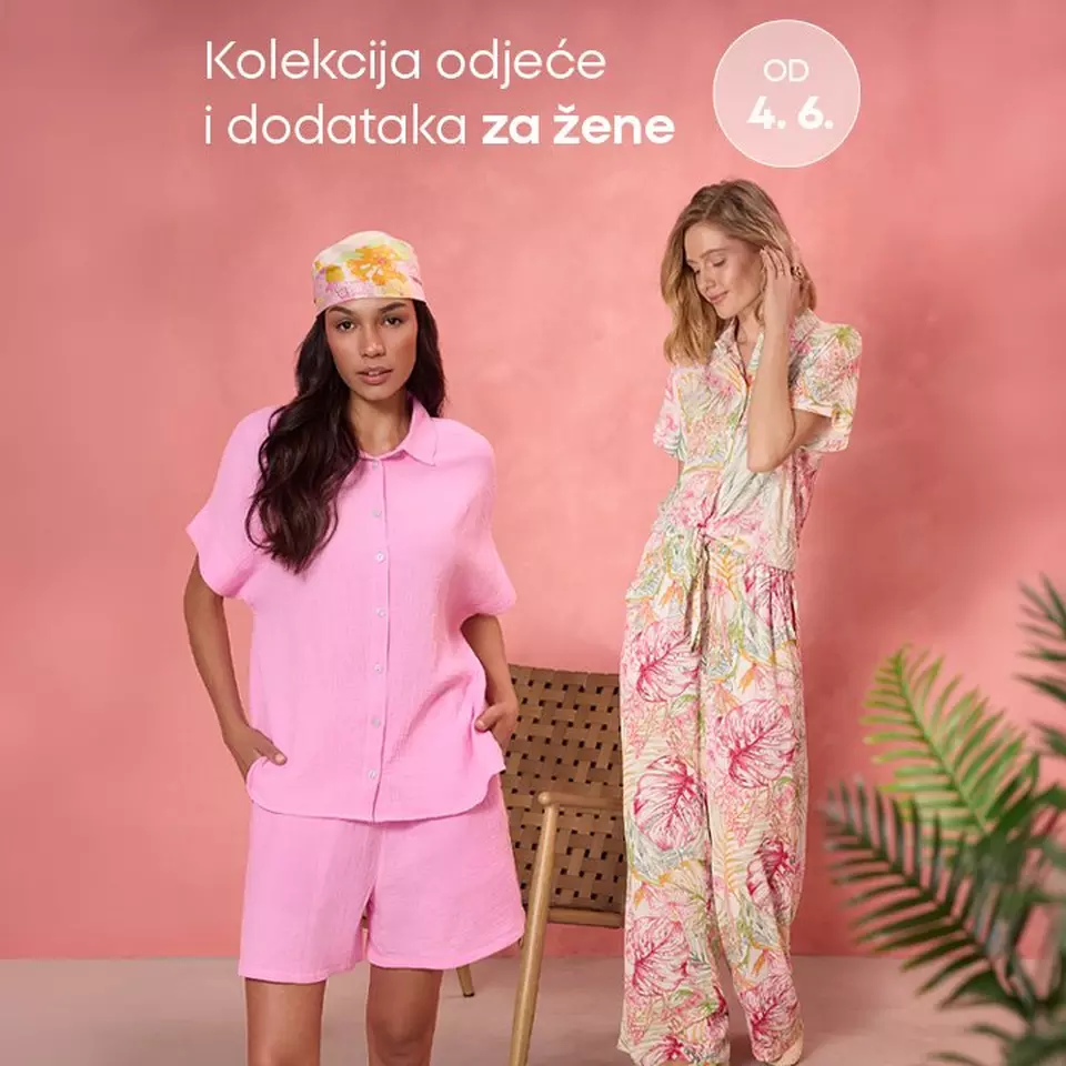 Pepco women's clothing collection featuring pink short pyjamas and floral print long pyjamas with matching accessories.