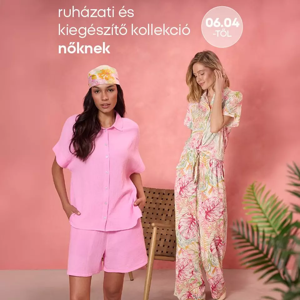 Pepco női ruházati és kiegészítő kollekció, modellek rózsaszín és virágmintás pizsama szettekben.