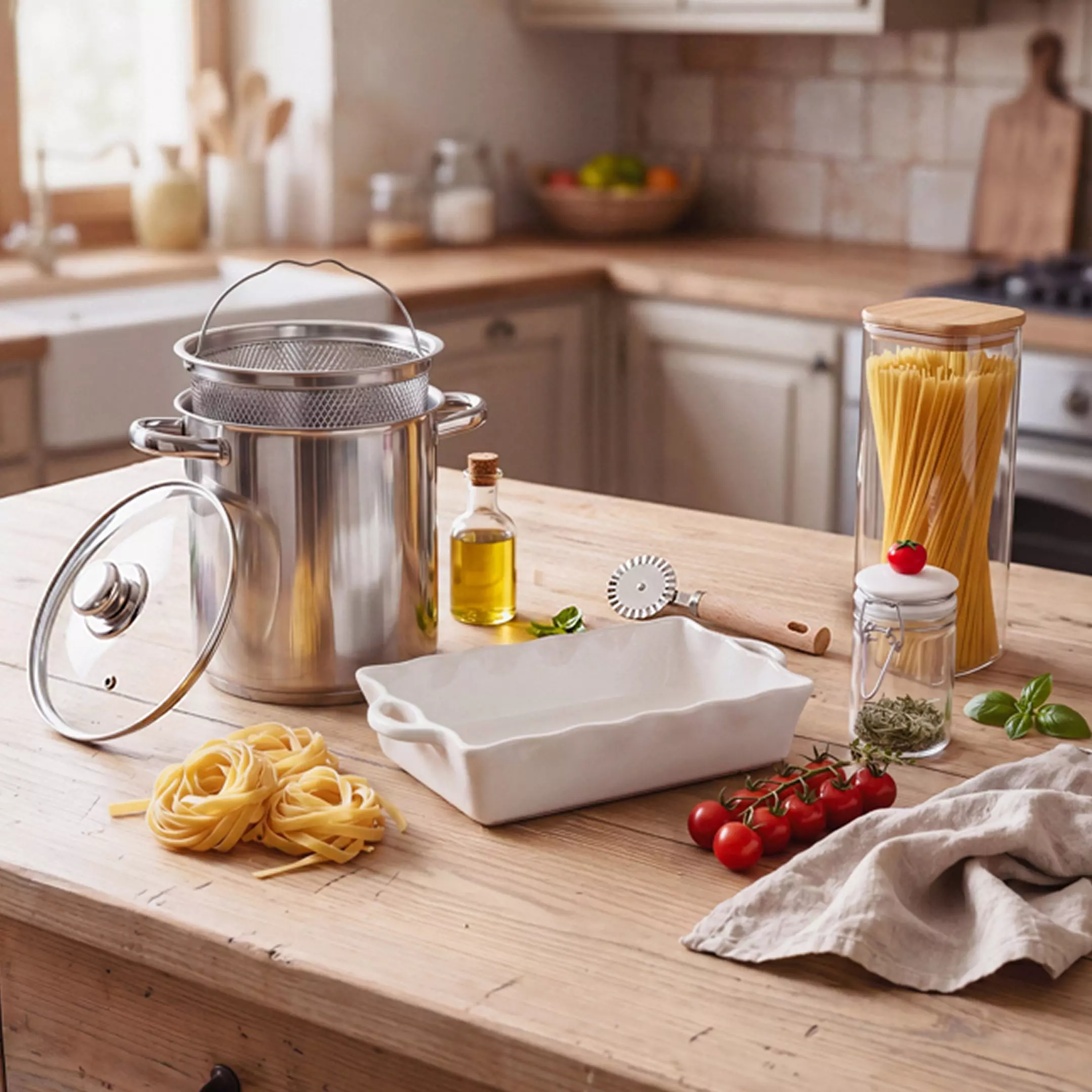 Pepco kitchen essentials including stainless steel pasta pot, storage jars, and baking dish with fresh ingredients.