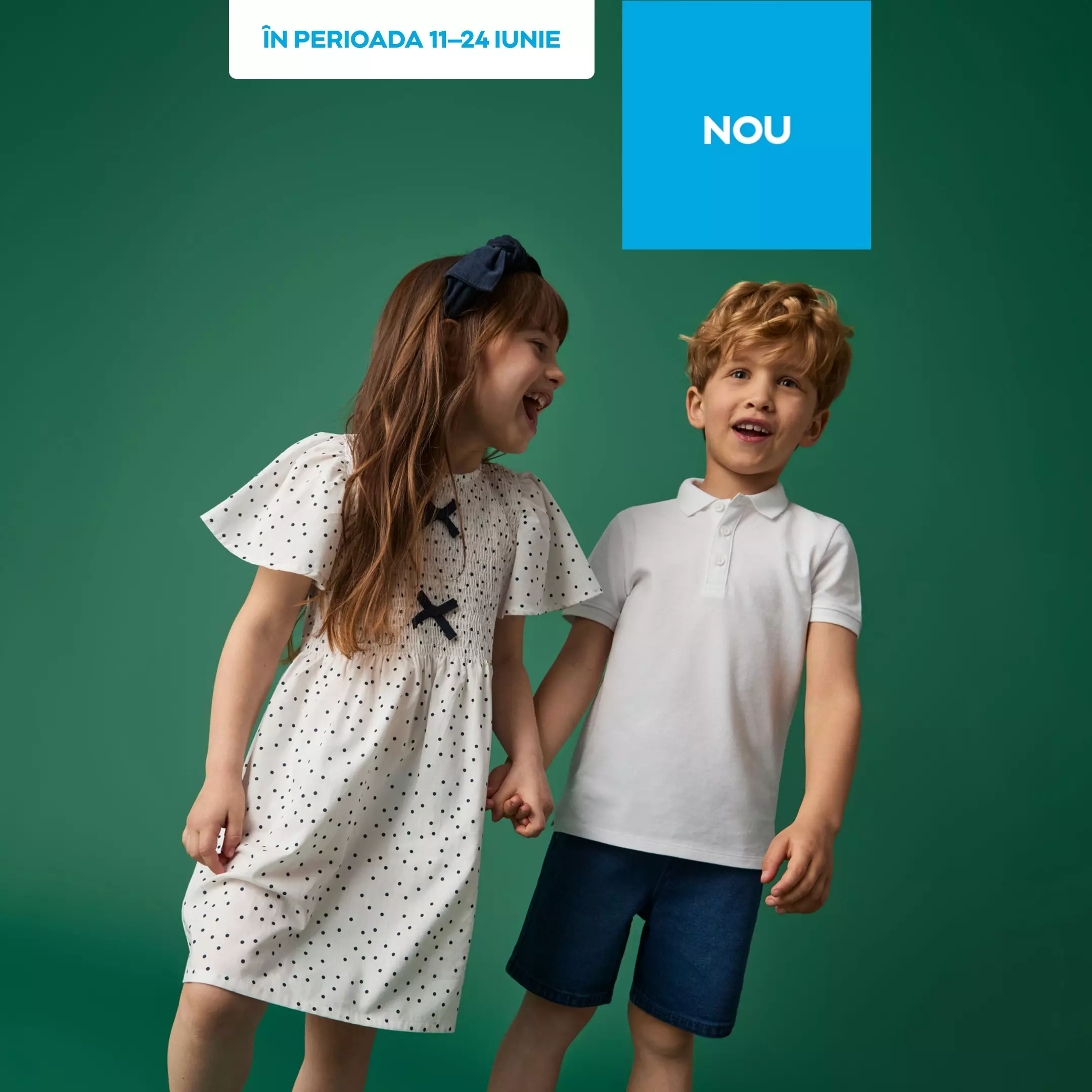 Pepco - Fată în rochie albă cu buline și băiat în tricou polo alb zâmbind împreună.