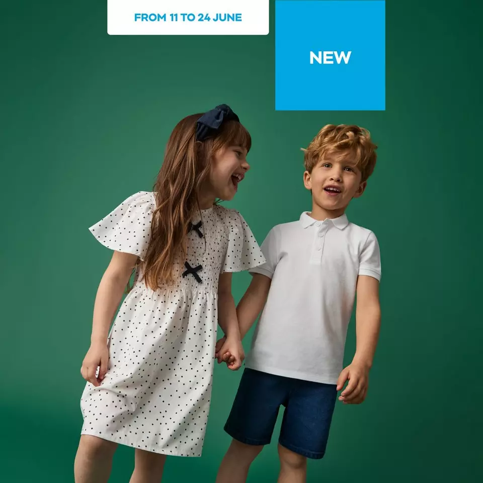 Pepco children's clothing featuring a girl in a white polka dot dress with bow and a boy in a white polo shirt.