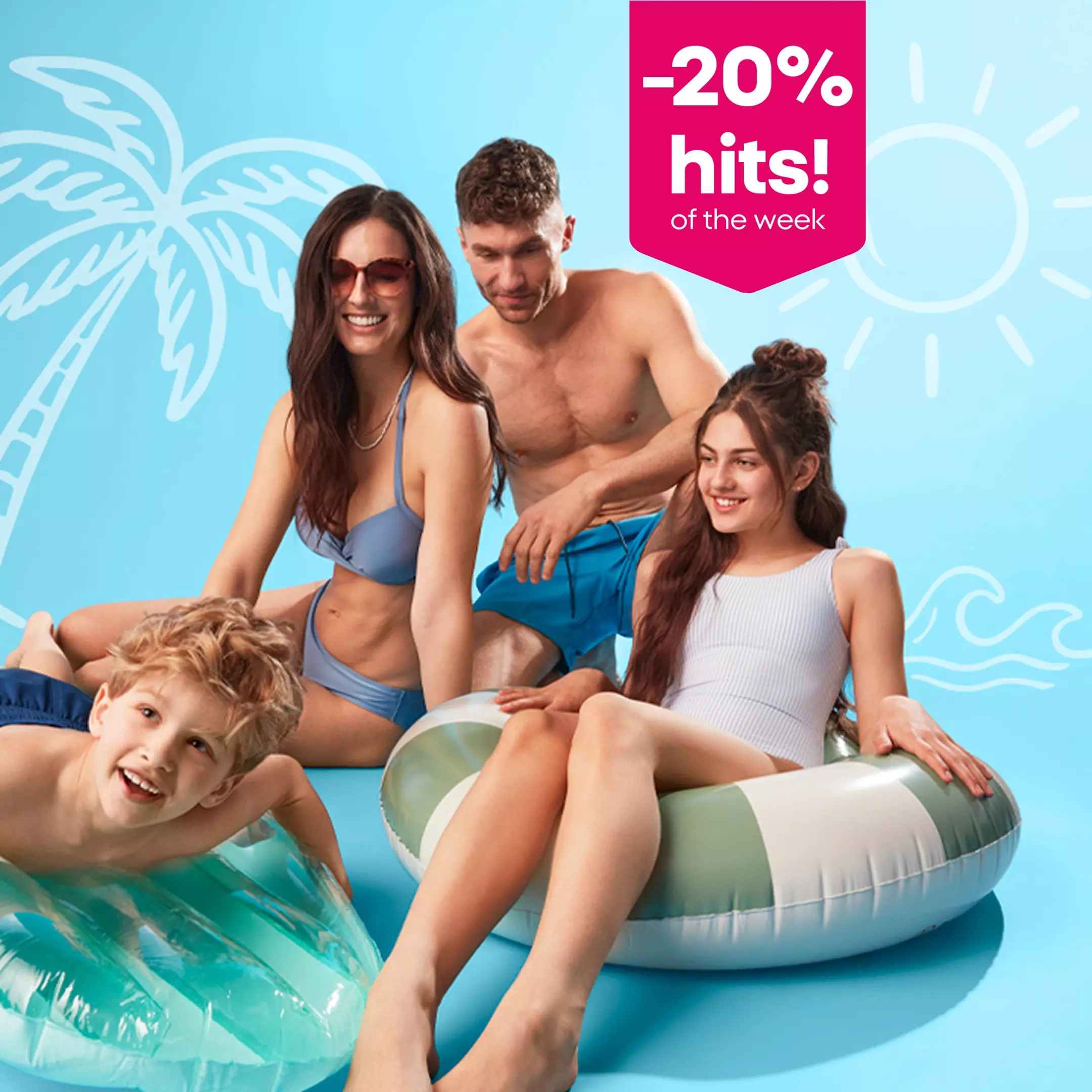 Pepco family enjoying summer fun on inflatable pool floats with -20% hits of the week promotional offer.