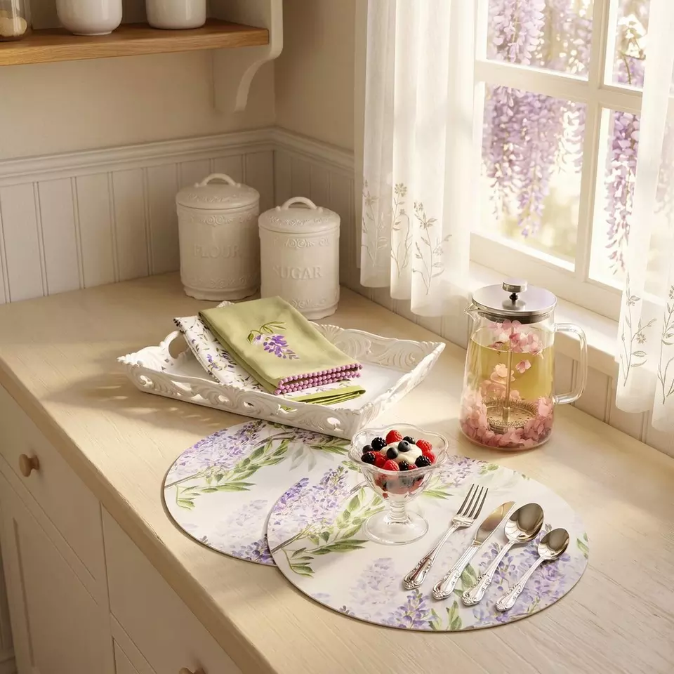 Pepco set masă cu motiv floral lavandă, tacâmuri, ceainic cu flori și desert cu fructe de pădure.