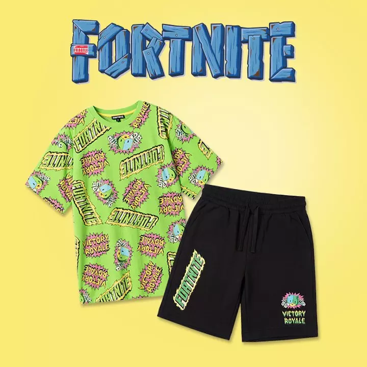 Zestaw Pepco Fortnite: zielona koszulka i czarne spodenki z kolorowymi nadrukami Victory Royale.