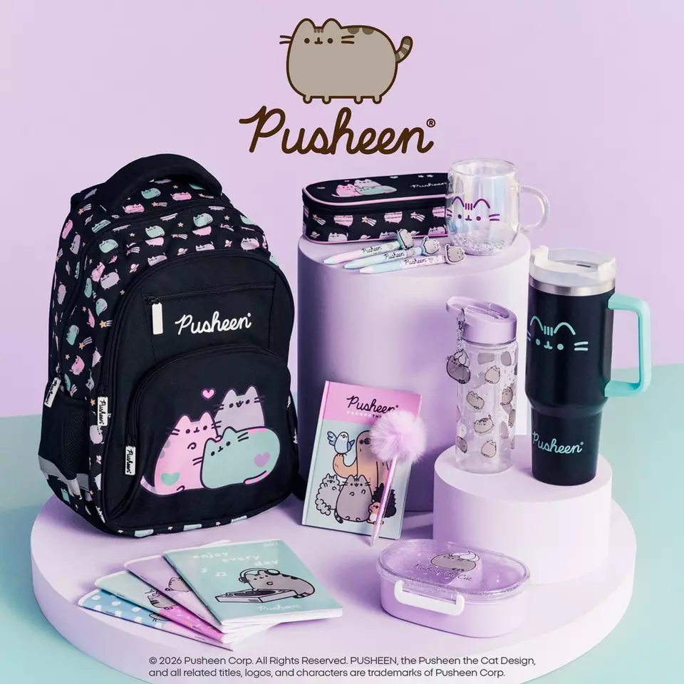 Colecție Pepco Pusheen cu rucsac școlar, penar, sticlă de apă, cană și accesorii cu pisica Pusheen.