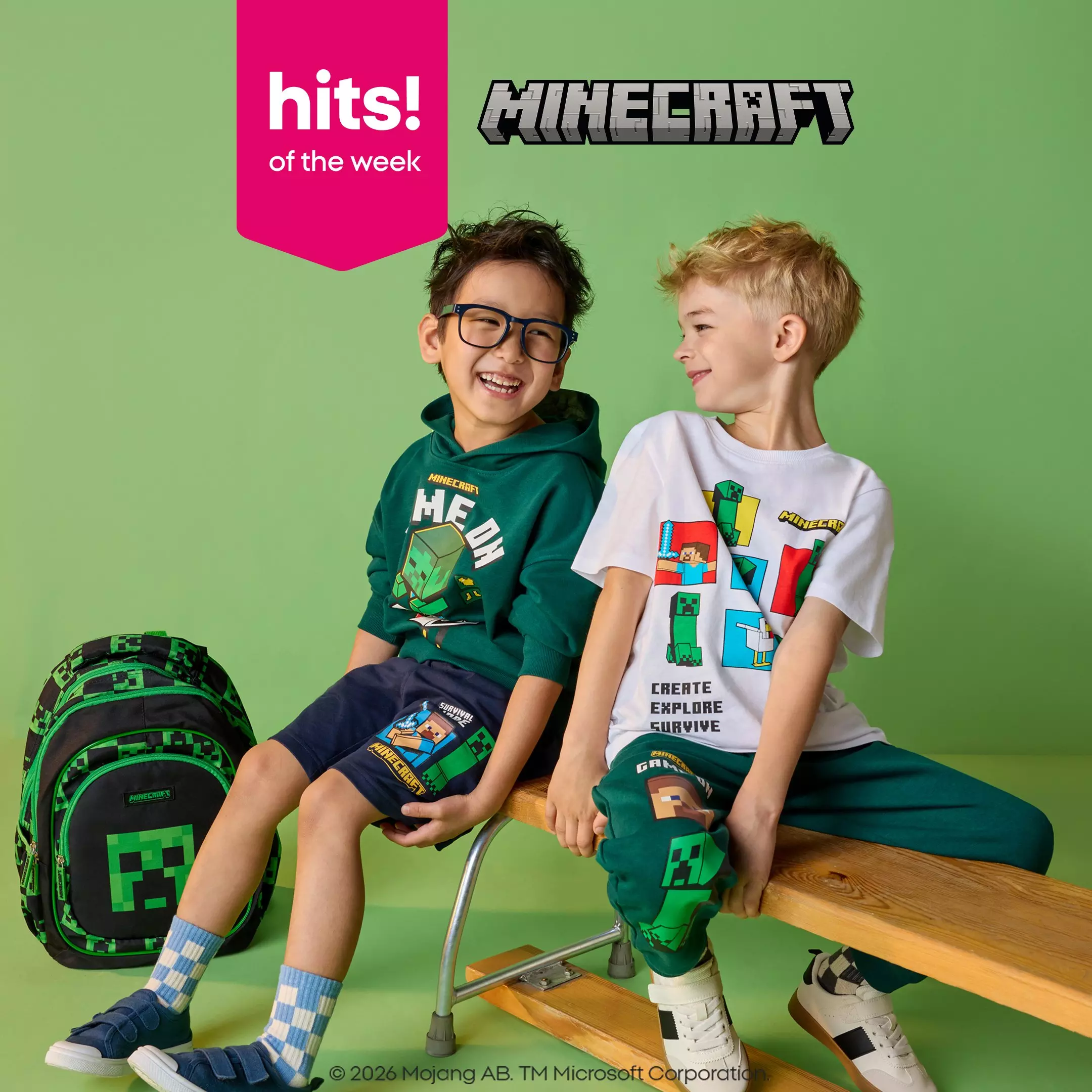Pepco MINECRAFT children's clothing featuring two boys wearing hoodies, t-shirts and joggers with backpack.