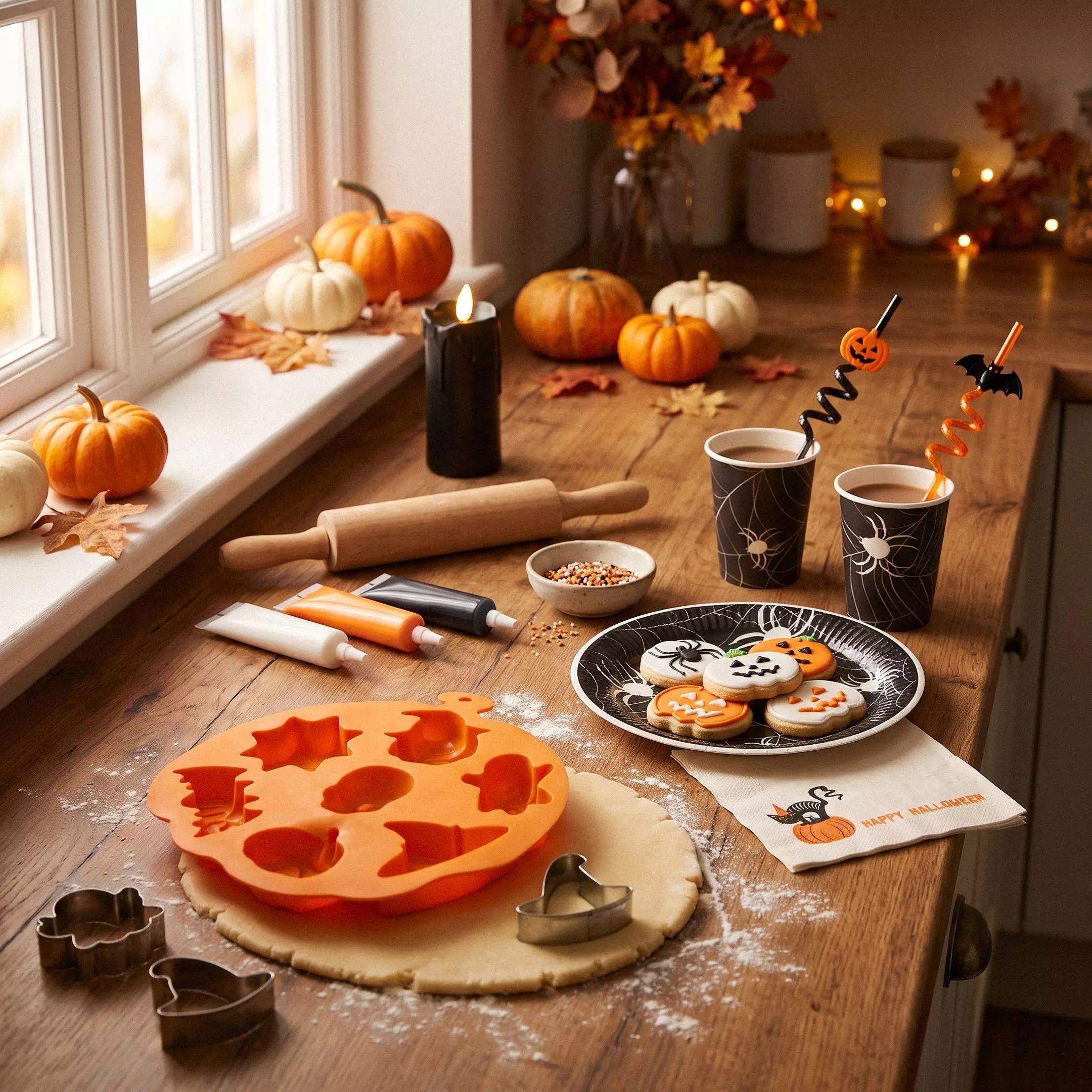 Decorazioni Pepco per Halloween con zucche, biscotti decorati, bicchieri con ragni e accessori per cucinare.