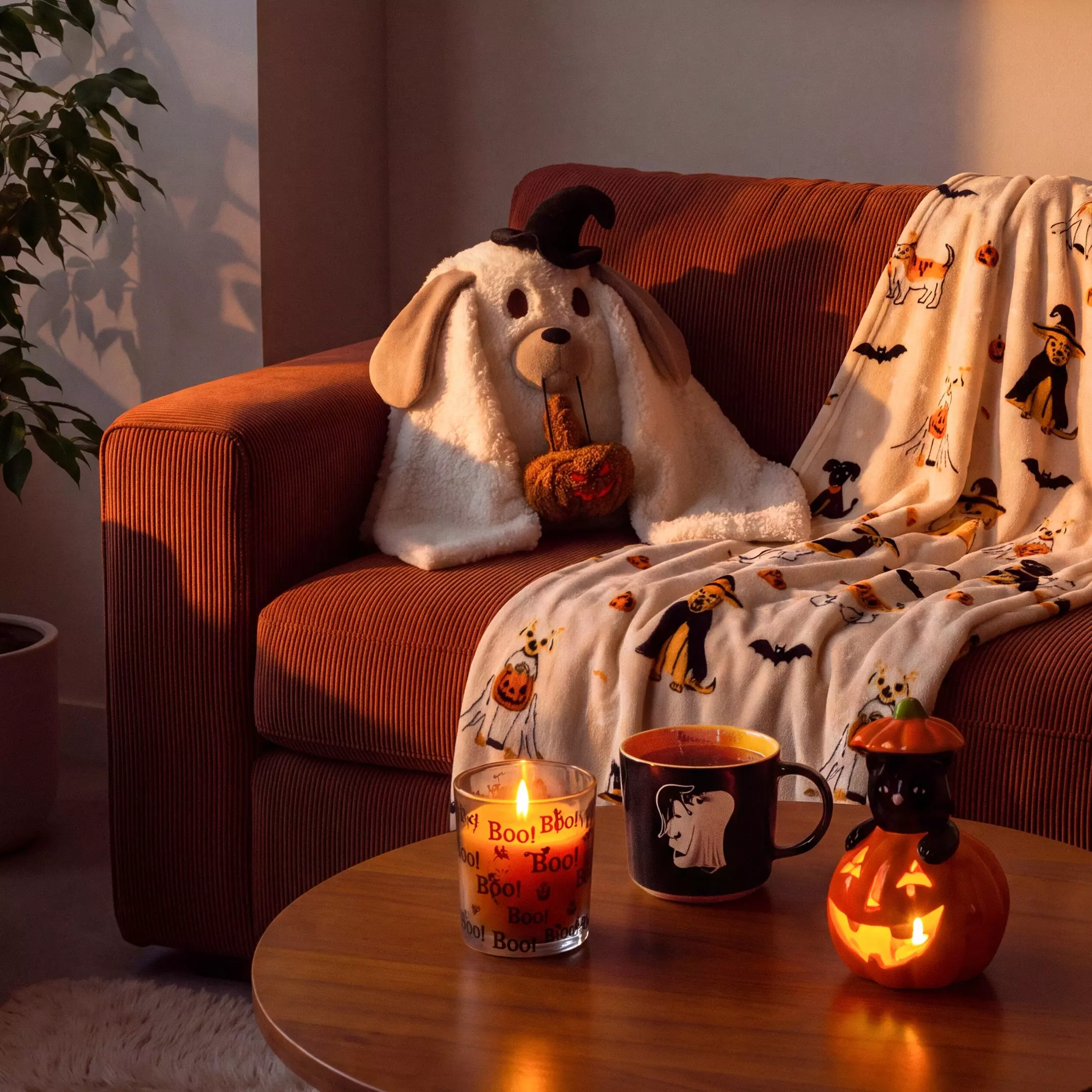 Pepco Halloween homeware including dog cushion, themed blankets, lit candle and pumpkin decoration on orange sofa.
