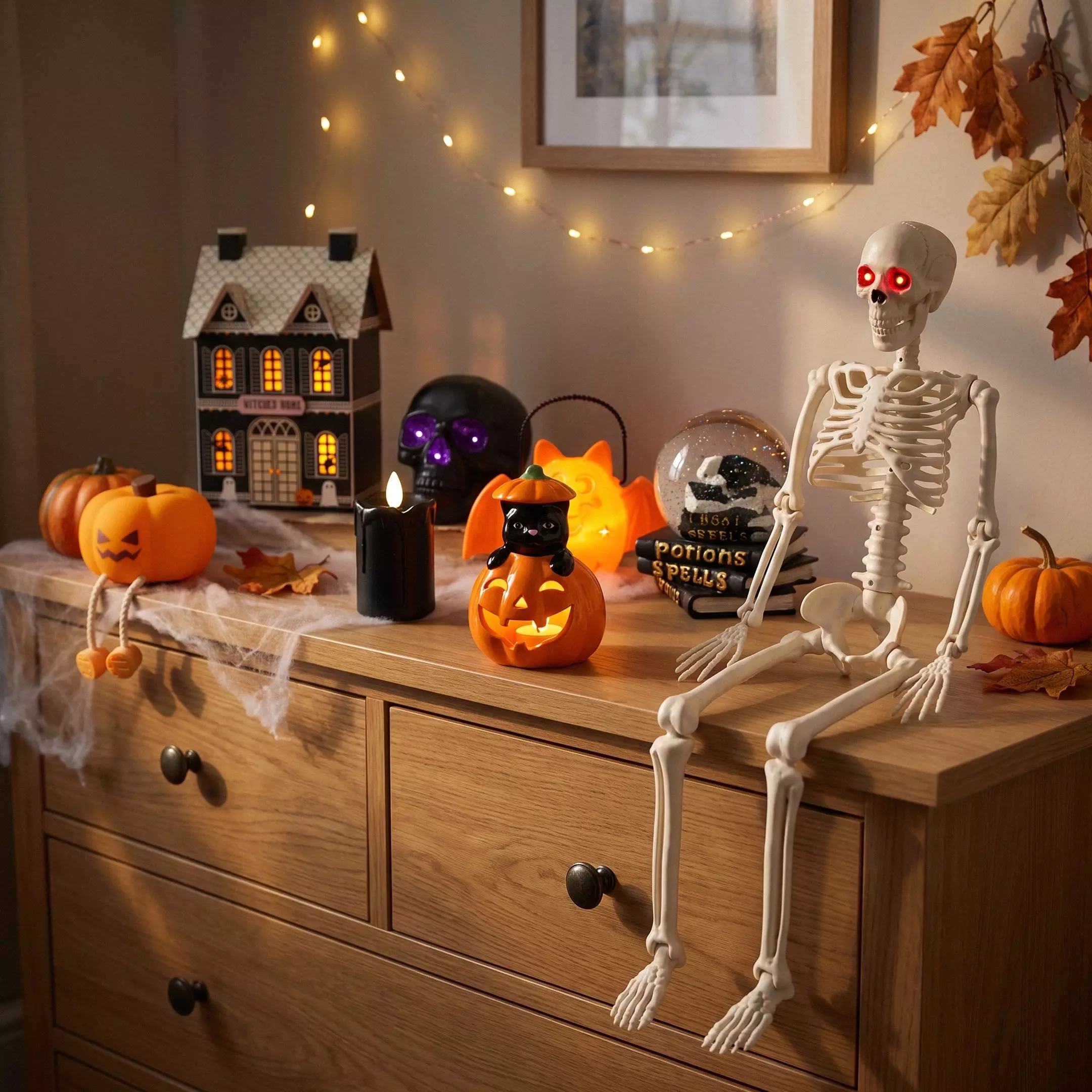 Decorazioni Halloween Pepco con scheletro, zucche luminose, teschi e casetta stregata su cassettiera in legno.