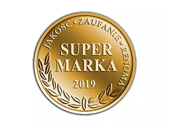 Gold medal award with text "SUPER MARKA 2019" and Polish words "JAKOŚĆ•ZAUFANIE•RENOMA" showing Pepco's recognition.