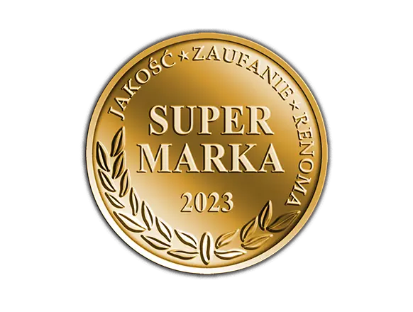 Gold Super Marka 2023 award medal showing Pepco's recognition for quality, trust and reputation with laurel wreath design.