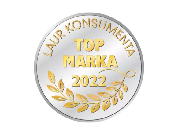 Srebrny medal z napisem "LAUR KONSUMENTA TOP MARKA 2022" ze złotymi literami i liśćmi laurowymi, otrzymany przez Pepco.