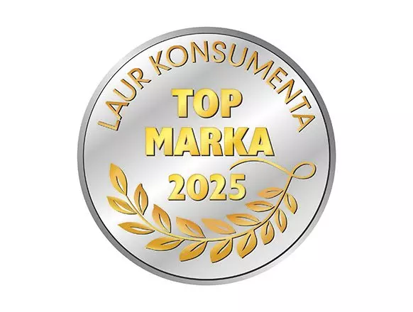 Silver medal with gold text reading LAUR KONSUMENTA TOP MARKA 2025, featuring laurel leaves, awarded to Pepco.
