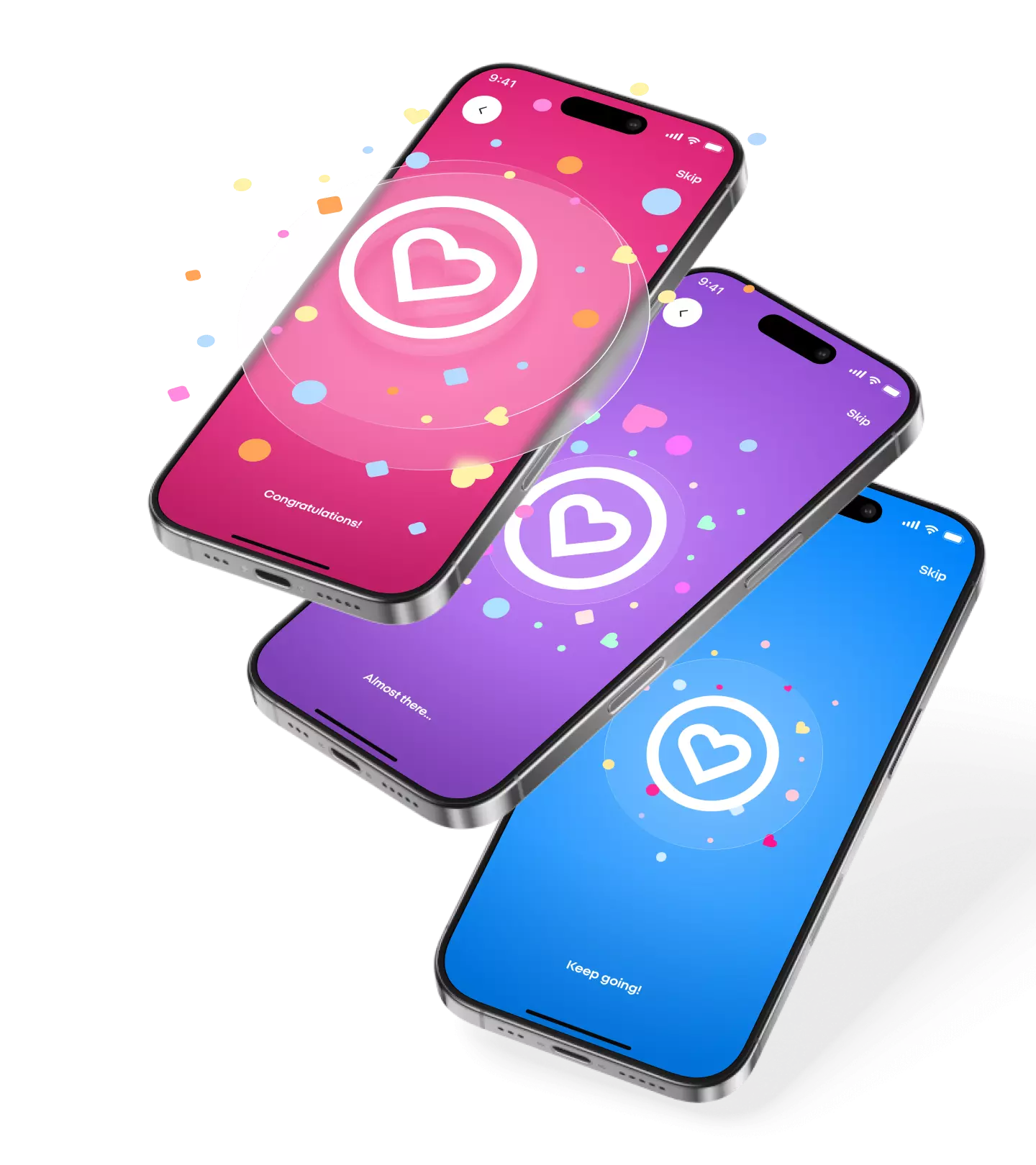 Three smartphones displaying a dating app interface with heart icons in pink, purple, and blue colors.