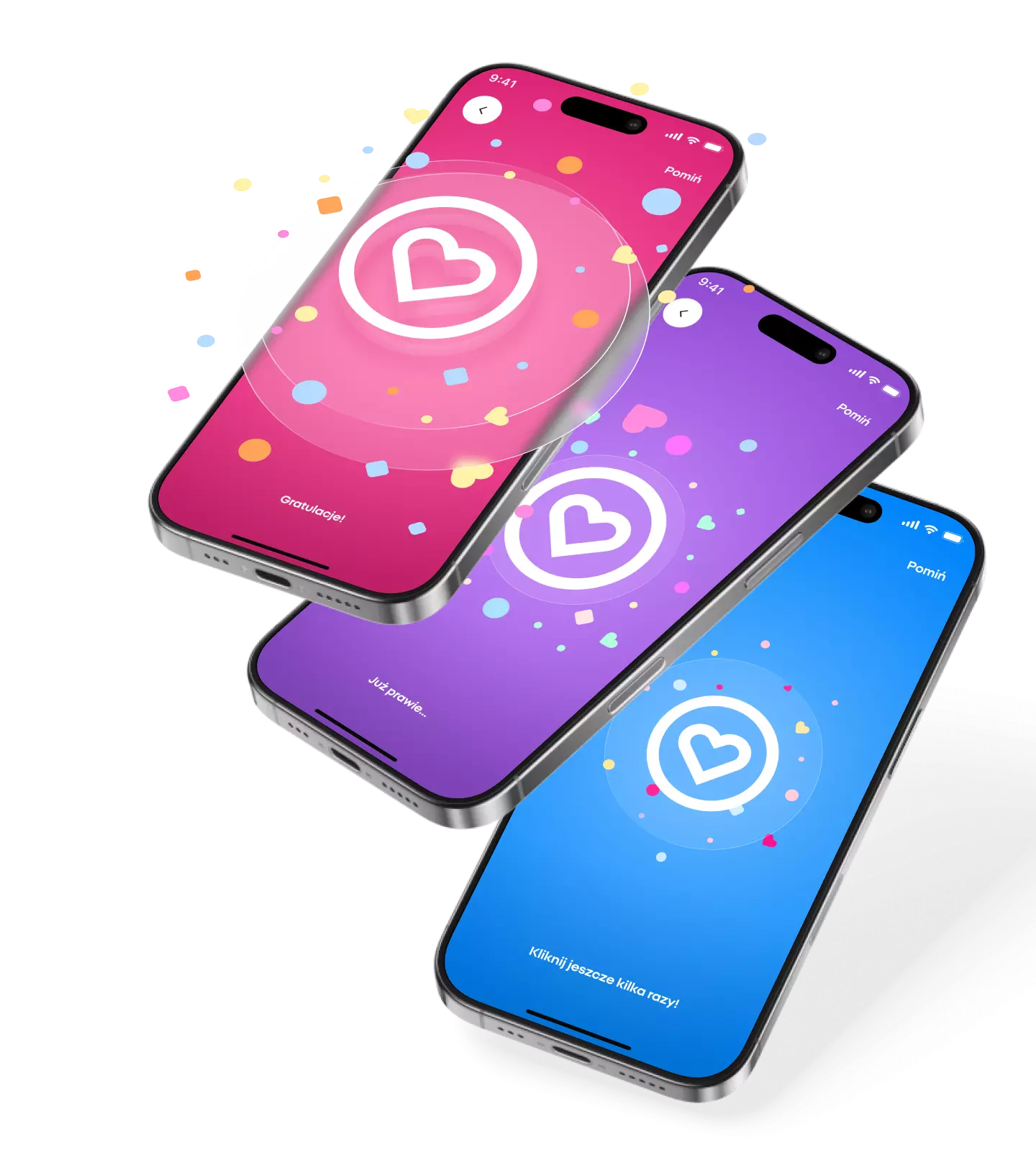 Trzy smartfony z aplikacją randkową wyświetlającą logo serca na różowym, fioletowym i niebieskim tle.