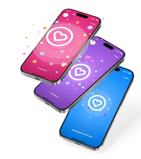 Trzy smartfony z aplikacją randkową wyświetlającą logo serca na różowym, fioletowym i niebieskim tle.