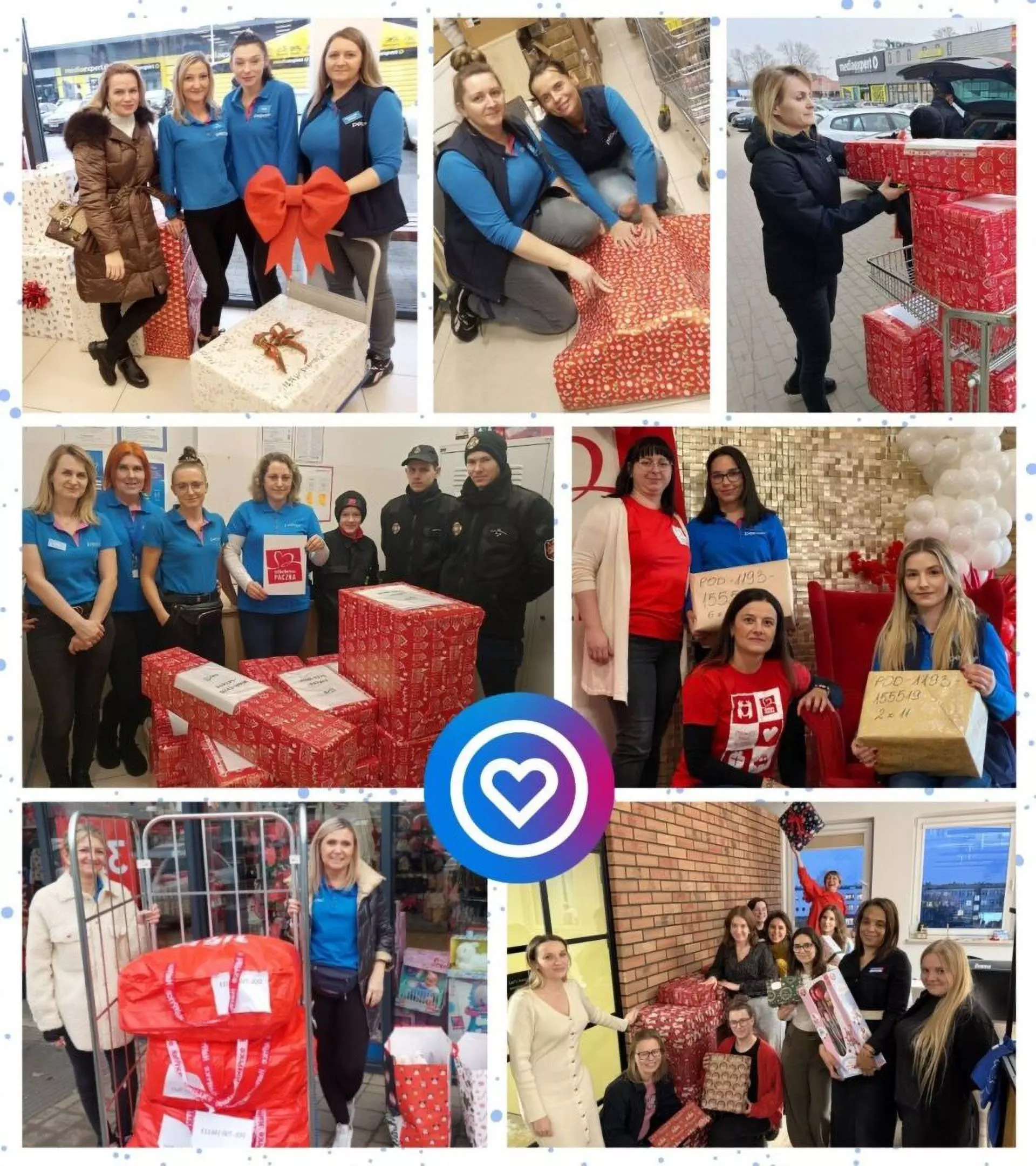 Pepco staff participating in a holiday charity initiative, wrapping and preparing gift packages in festive red paper for donation.