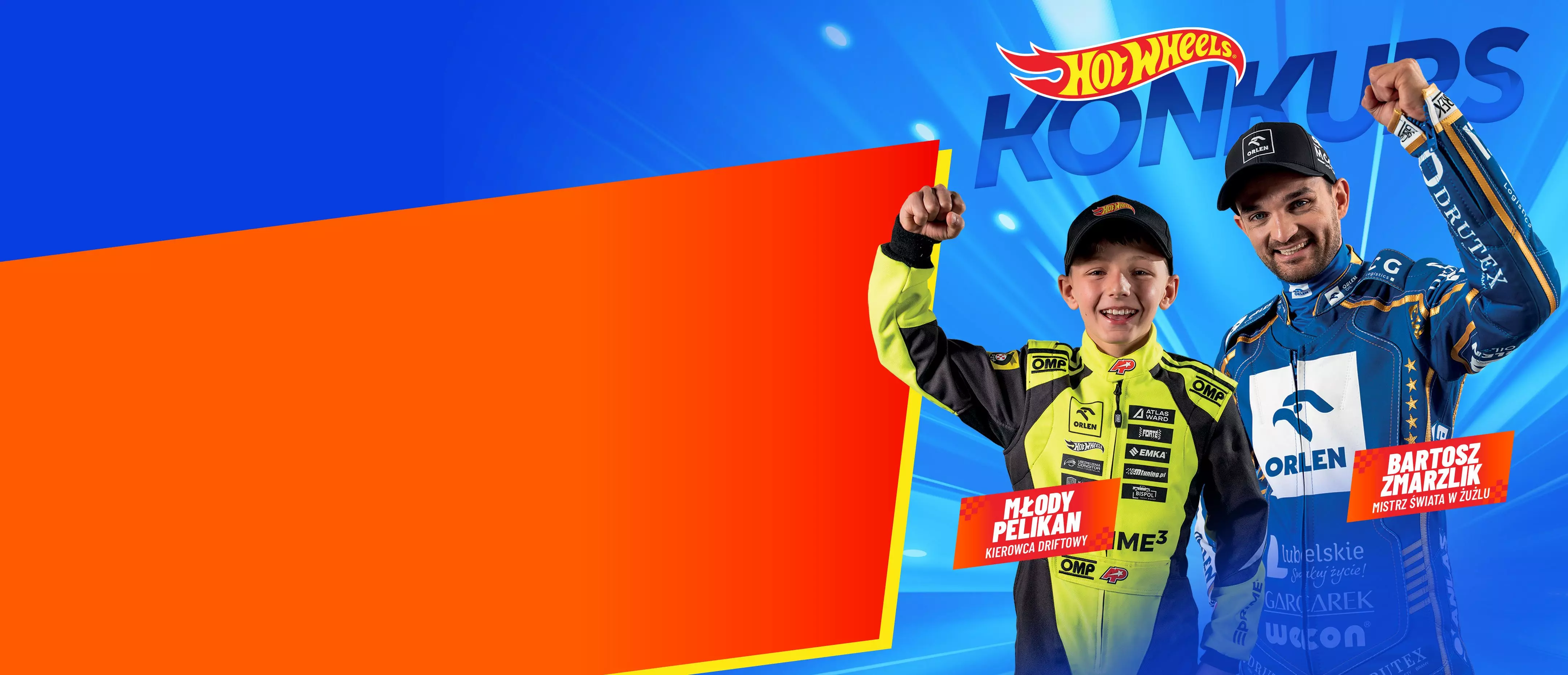 Baner Hot Wheels z młodym kierowcą w żółtym kombinezonie i kierowcą wyścigowym w niebieskim stroju.