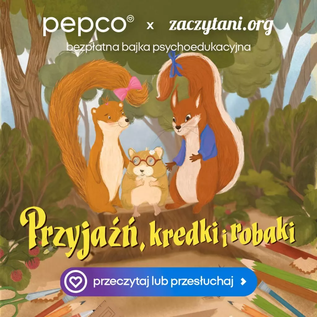 Pepco x zaczytani.org illustrated children's story featuring cartoon squirrels and a hamster in a forest setting.