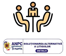 Trei persoane stau la o masă în cadrul unei întâlniri, cu logo-ul ANPC pentru soluționarea alternativă a litigiilor dedesubt.