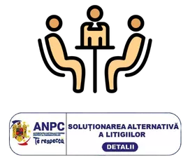 Trei persoane stau la o masă în cadrul unei întâlniri, cu logo-ul ANPC pentru soluționarea alternativă a litigiilor dedesubt.