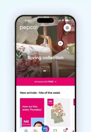 Pepco mobile app showing Spring collection with a 2+1 free promotion and new arrivals featuring floral patterned items.