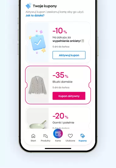 Ekran telefonu z aplikacją zakupową pokazującą kupony rabatowe: -10%, -35% na bluzki damskie i -20% na garnki i patelnie.
