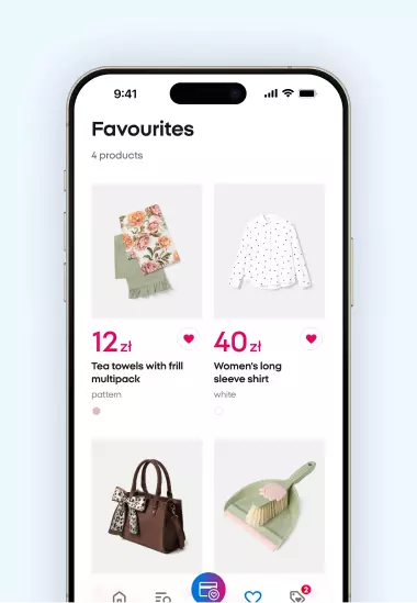 Smartphone screen showing favorites collection with tea towels, white polka dot shirt, brown handbag and dustpan set with prices in złoty.